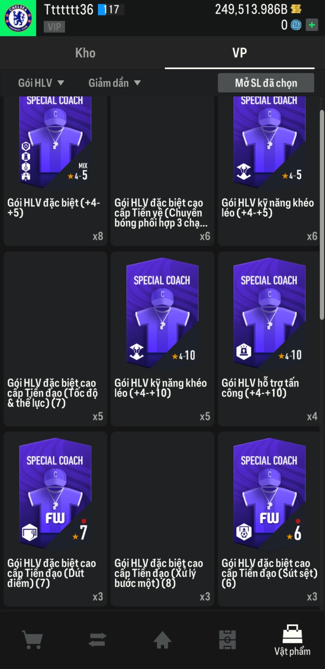 Ảnh ACC mở thẻ (LOẠI SVIP PROMAX) bao gồm có 02 thẻ +12, 04 thẻ PRIME (QH+, CP+, XS+, HĐ+) và hơn 1600+ thẻ cầu thủ từ Siêu sao đến Miền núi các loại. Acc có sẵn BP trắng từ 230.000 tỷ BP đến 250.000 tỷ BP kèm theo nhiều ngày SVIP